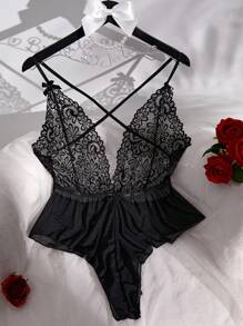 SHEIN 对比色蕾丝透明网眼露背交叉连体衣内衣 - 黑色 - 查看 5