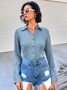 GENKIRA Ladies' Denim Effect Long Sleeve Shirt - Baby Blue - View 3