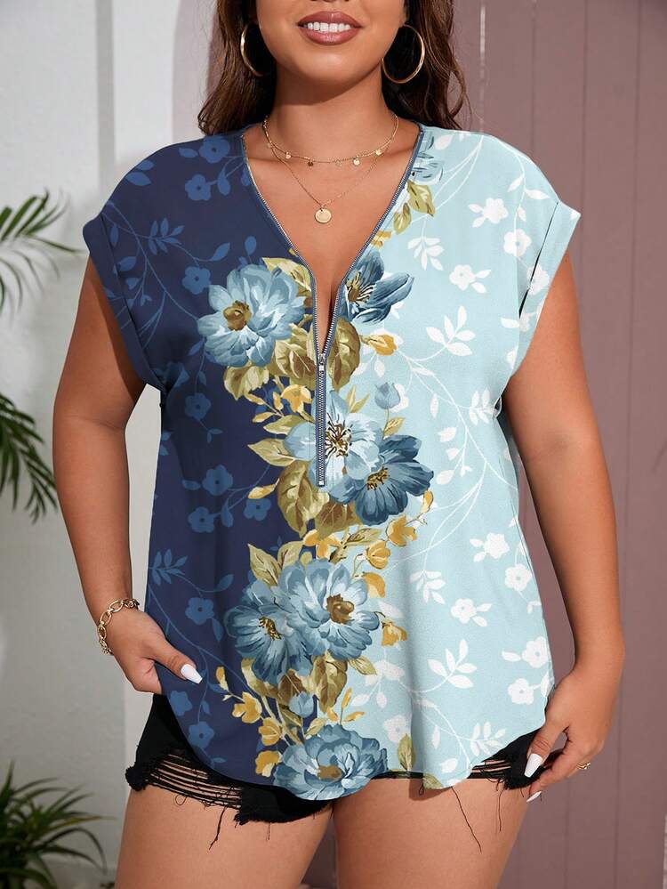 Plus Size Floral Printed Color-Block Half Zipper Blouse