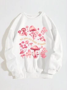 SHEIN EZwear Sudadera De Polar Con Estampado De Hongos Y Lema Impreso En Talla Plus - Blanco - Ver 3