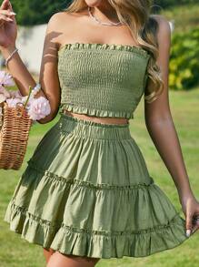 SHEIN Unity Ruffled Tube Top & Asymmetric Hem Ruffle Skirt Set - Green - View 6