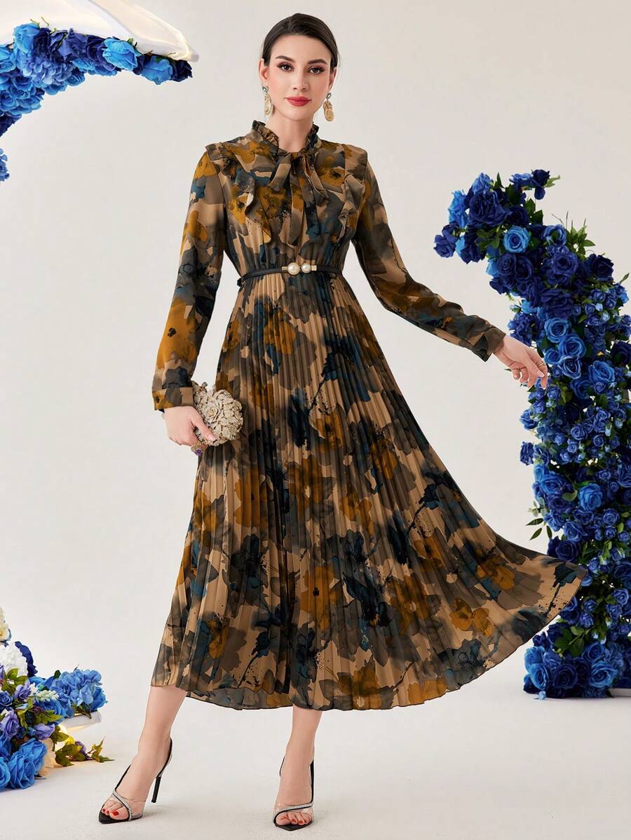 Modelyn 女士系带领褶皱连衣裙，搭配渐变色花朵印花，超长女士装长款晚礼服 - 彩色 - 查看 1