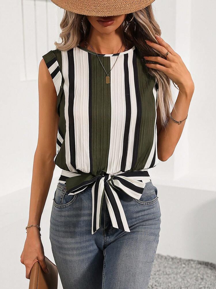 Asymmetrical Stripe Wave Texture Shirt With Hem Closure And Bow Tie Waist For Casual And Workwear Women