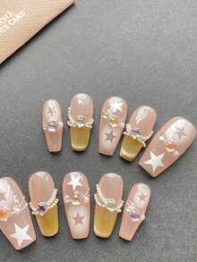 ROMWE Kawaii 10入組y2k星空紅潤閃爍貓眼星星設計可拆式全套假指甲套裝 - 紅色 - 查看 2