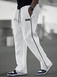 Manfinity Hypemode 男士宽松运动裤，带贴片细节和抽绳腰部直筒长款运动裤，外出休闲男友礼物 - 白色 - 查看 8