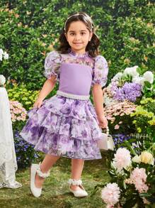 SHEIN Conjunto De Manga Puff Para Niñas Jóvenes Con Top De Punto Con Volantes De Malla Con Patrón Floral Y Cuello De Pie Con Falda De Múltiples Capas En Forma De Pastel - Multicolor - Ver 8