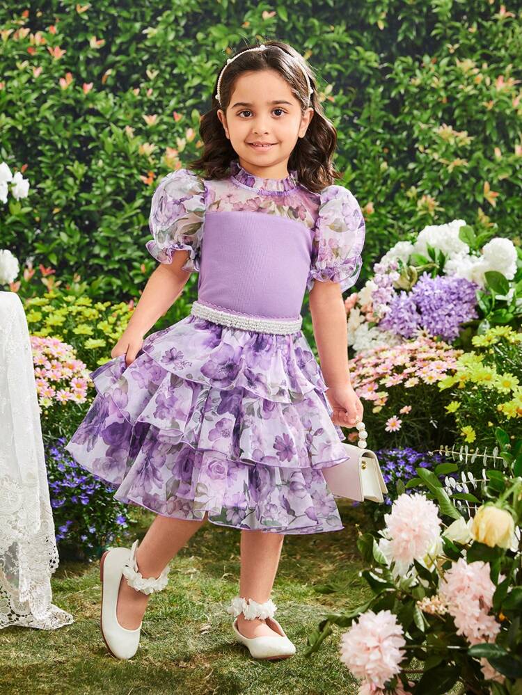 Young Girl's Floral Pattern Mesh Ruffle Stand Collar Puff Sleeve Knitted Top With Multi-Layered Cake Skirt Set