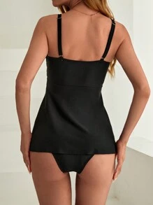 SHEIN Swim Women'S Solid Color Wrap Cami Top & Triangle Bottom Tankini Set Carnival Summer - Black - View 2