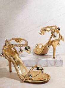 SHUZIA Women Shoes Cross Ankle Strap Heart Decor Open Toe Stiletto Thin High Heeled Sexy Glowing Party PU Gold Metallic Sandals Heels Wedding Shoes For Christmas Valentine's Day Summer Shoes - Gold - View 4