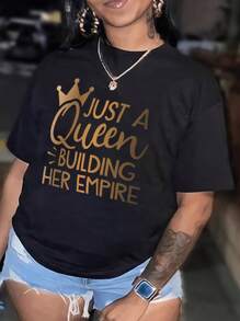 INAWLY Plus Size Women's Crown Pattern Short Sleeve T-Shirt - Black - View 1