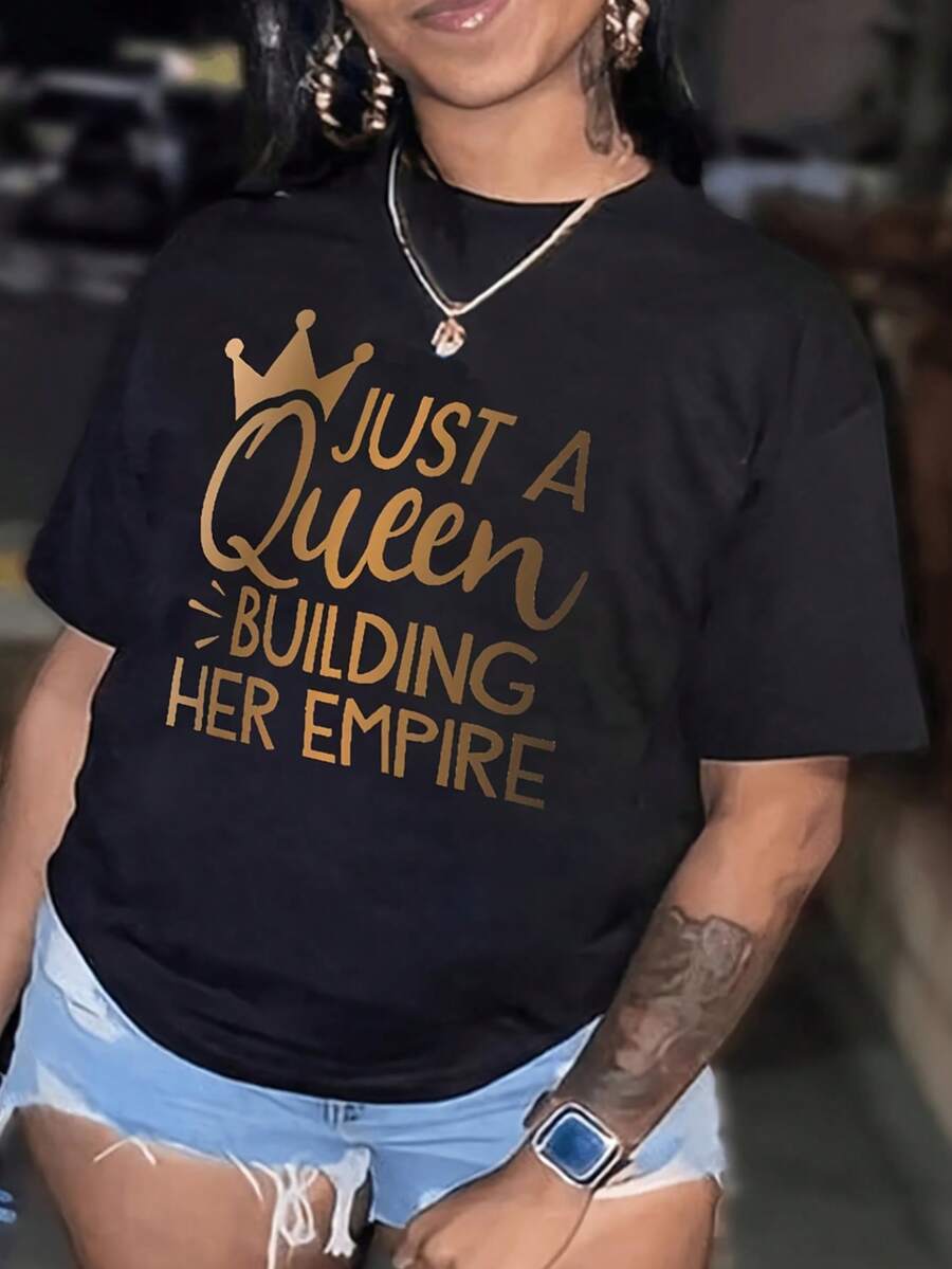 INAWLY Plus Size Women's Crown Pattern Short Sleeve T-Shirt - Black - View 1