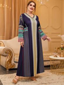 Al Najma Plus Striped & Geo Print Dress - Multicolor - View 3