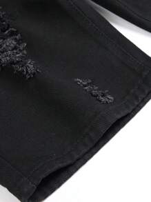 男童撞色幾何圖案仿舊牛仔短褲 - 深色水洗藍 - 查看 4