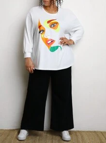 SHEIN CURVE+ Plus Size Women's Abstract Human Face Printed Drop Shoulder Long Sleeve T-Shirt - White - View 4