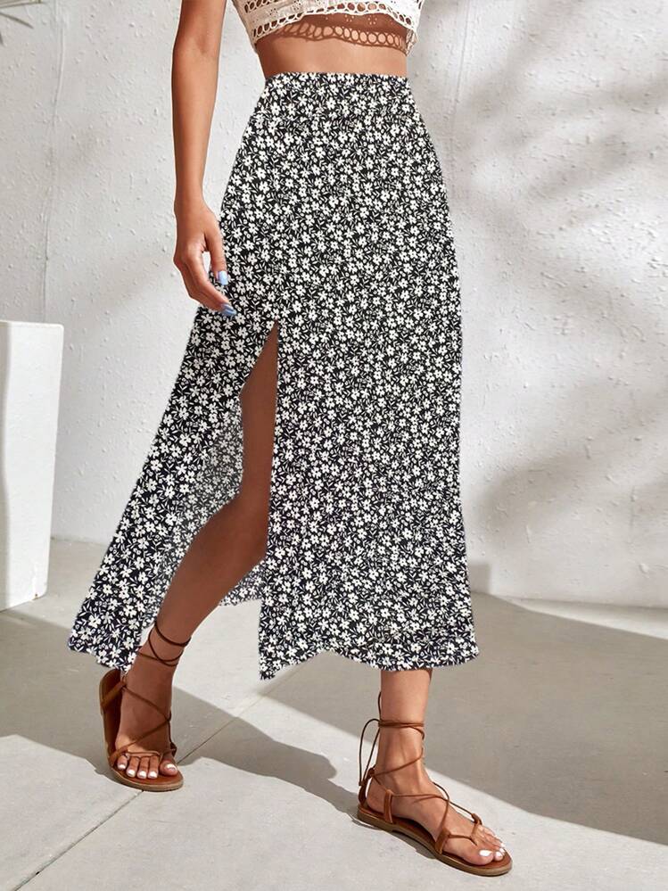 SHEIN VCAY Falda Con Dobladillo Con Abertura Y Estampado Floral - Negro - Añade 5