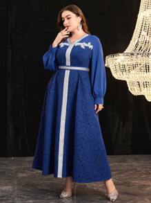Al Najma Plus Size Women's Patchwork Weaved Ribbon Lantern Sleeve Arabic Clothing Kaftan Jalabiya Dress - Blue - View 4
