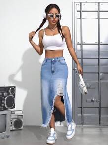 SHEIN EZwear Falda Vaquera Para Mujer Con Cortes Deshilachados - Lavado ligero - Ver 4