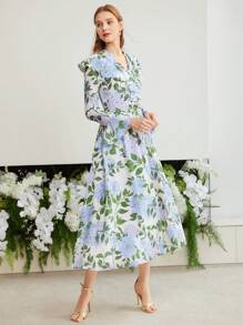 MOTF PREMIUM Vestido Con Diseño Completo De Estampado Con Cuello Notch, Manga Acampanada Con Volantes Y Detalles - Azul - Ver 9