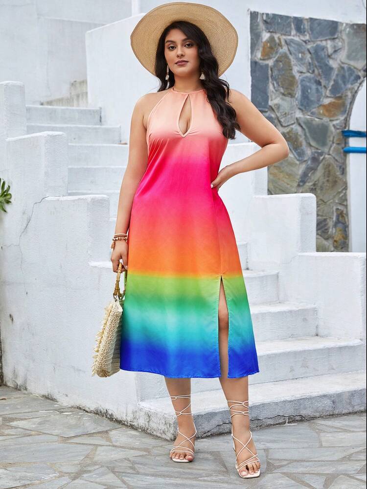 Plus Size Summer Holiday Gradient Print Halter Neck Hollow Out Dress With Split High Low Hemline, Perfect For Beach Parties
