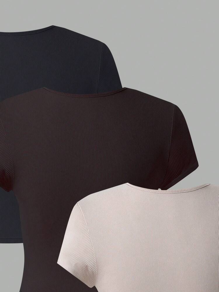 Solid Color Keyhole Collar Ribbed T-Shirt