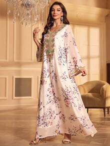 Floral Applique Chiffon Abaya Dress
