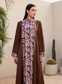 Al Najma 女士印花拼接擴蕾袖連衣裙 - 棕色 - 查看 1