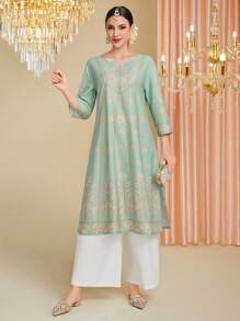 Divindia Women's Floral Print Side Slit Longline Top Style Indian - Multicolor - View 6