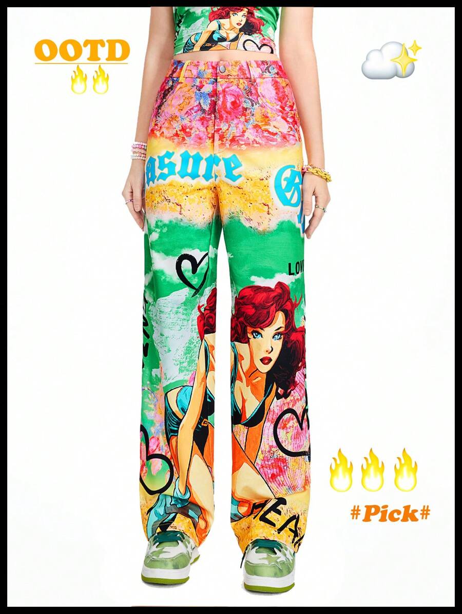 SHEINNeu Pantalones De Mujer Con Gráficos De Personajes De Dibujos Animados De Kidcore - Multicolor - Ver 1