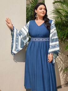 Mulvari 大尺碼女性幾何圖案鐘袖腰帶連衣裙