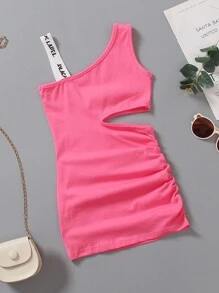 SHEIN Rochie asimetrică cu bandă de litere cu bandă pentru fetiță