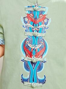 SHEIN 青少年男孩组合休闲立领短袖衬衫和短裤套装，具有中国传统元素 - 彩色 - 查看 7