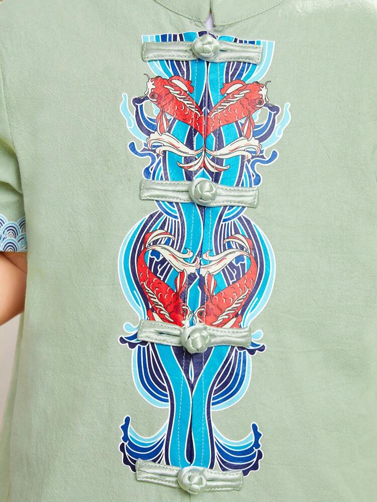 Young Boys' Combination Casual Stand Collar Short Sleeve Shirt And Shorts Set With Traditional Chinese Elements