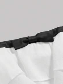 SHEIN MOD 蝴蝶結細節和荷葉邊下擺拼色無肩帶連身褲 - 白色 - 查看 3