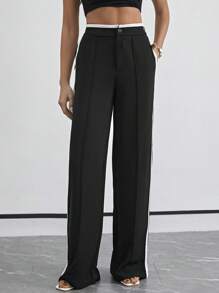 SHEIN Tall 女性顏色堆疊邊條超長褲 - 黑色 - 查看 5