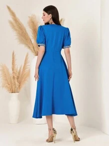 Round Neck Floral Lace Embroidery Dress - Blue - View 2