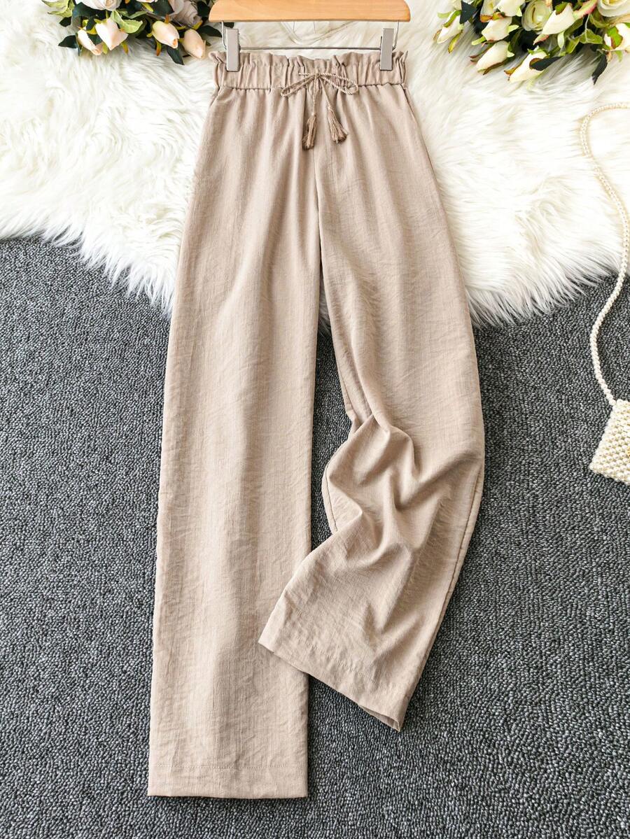 SHEIN VCAY Women'S Casual Paper Bag Waist Wide Leg Pants - Apricot - View 1
