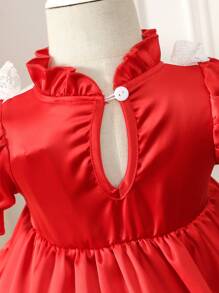 Rot-spitzen-dekoriertes Kleid Für Mädchen Mit Schleife Vorne Für Frühling/sommer