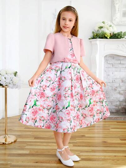 SHEIN Leap Crew Tween Girls' Short Sleeve Coat With Round Neck Flower Pattern Tank Dress Set