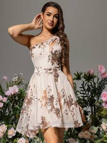 LOVE&LEMONADE Women's Sequin Patchwork One Shoulder Mini Cocktail Party Dress - Gold - View 3