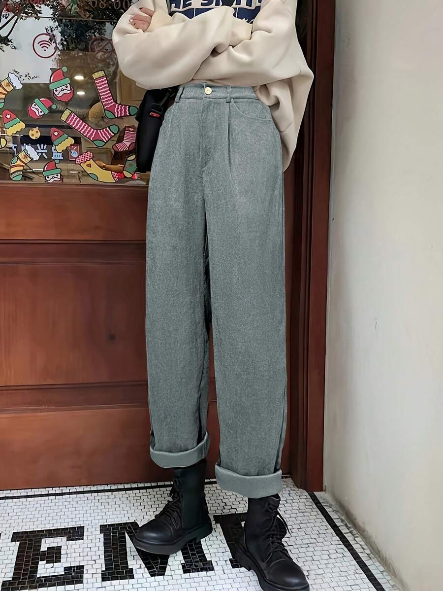 Đúng mốt Vải to sợi Túi Giải trí Dài Quần - Xám - Xem 1