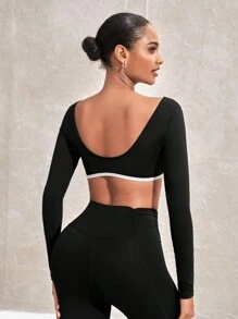 SHEIN Sports Color Block Halter Neck Round Collar Cropped Sports T-Shirt - Black - View 2