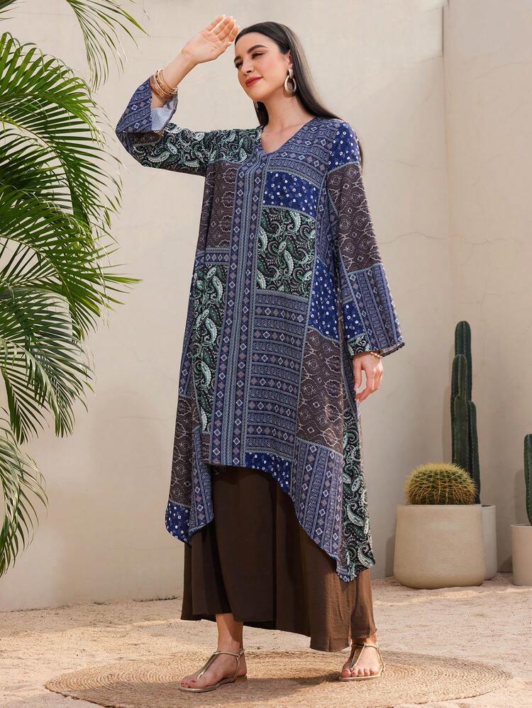 Women's Arabic Style Long Sleeve Caftan Dress With Paisley Printed