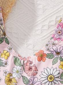 SHEIN SLAYR KIDS Young Girl's Knitted Flower Print One-Piece Swimsuit For Vacation