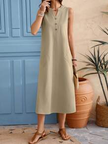 EMERY ROSE Summer Casual Khaki Texture Sleeveless Dress For Vacation In Countryside - Khaki - View 3