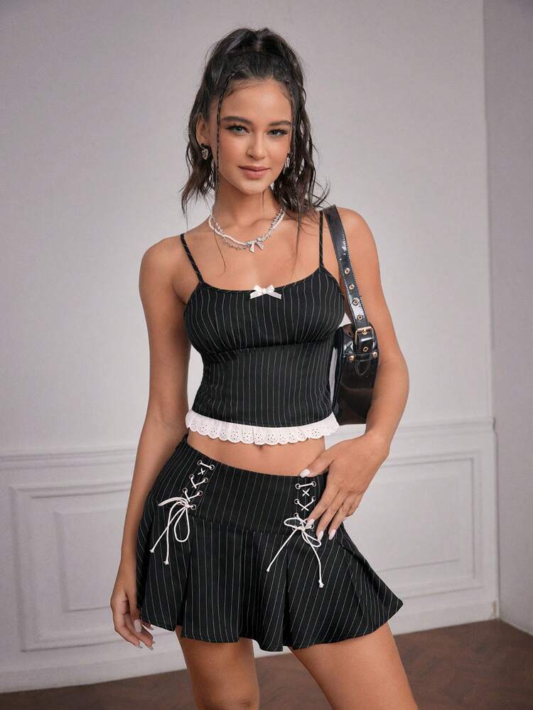 Women's Striped Colorblock Flower Print Cami Top With Crisscross Tie Detailing And Matching High Waisted Skirt Set