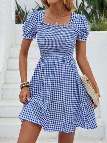 SHEIN LUNE Vestido A Cuadros Para Mujer Con Escote Cuadrado - Azul y blanco - Ver 6