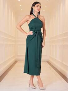 Modelyn Ladies' Solid Color Wrap Dress With Halter Neck Tie And Sleeve Cuff Jacket, Two-Piece Set - Dark Green - View 3