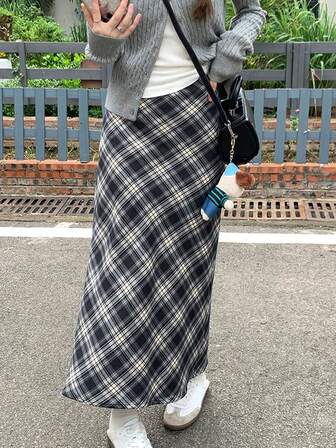 Rikumo High Waisted Slit Plaid Casual Vacation Skirt