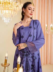 Divindia Patched Lace Cuff Botanic Printed Long Sleeve Kurtas Top - Purple - View 3