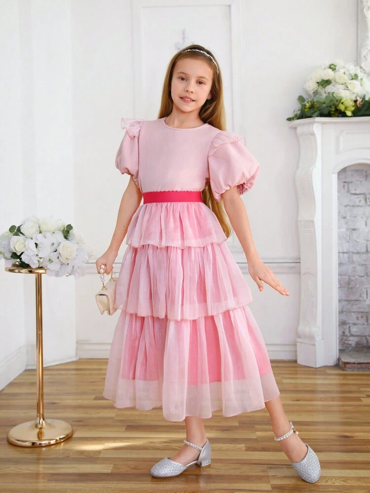 Tween Girls' Mesh Edging Round Neck Puff Sleeve Jacquard Blouse Matched With Mesh Tiered Hem Skirt Two Pieces Set